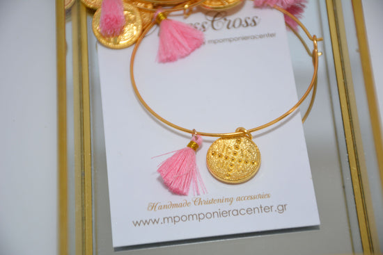 Μαρτυρικό βέργα μεταλλική βραχιόλι με Αγιοκωνσταντινάτο με φουντίτσα ροζ