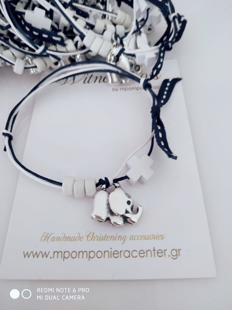 Μαρτυρικό βραχιόλι με διπλό κορδόνι , ξύλινο σταυρό και μεταλλικό ελεφαντάκι 