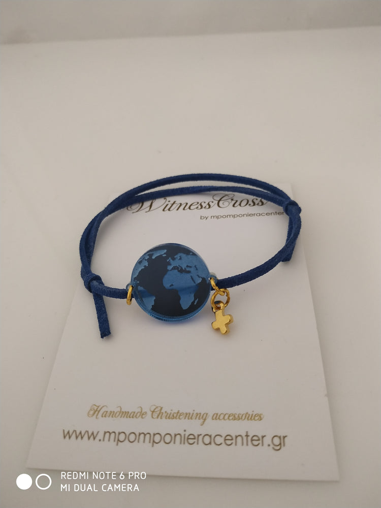 Μαρτυρικό βραχιόλι κόσμος με την γη , σε μπλέ plexiglass και σουέντ κορδόνι
