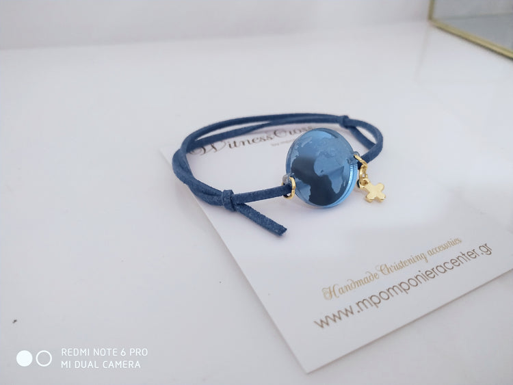 Μαρτυρικό βραχιόλι κόσμος με την γη , σε μπλέ plexiglass και σουέντ κορδόνι