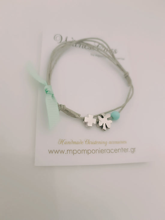 Μαρτυρικό βραχιόλι με τριφύλλι & μεταλλικό σταυρό σε αποχρώσεις του γκρί - βεραμάν