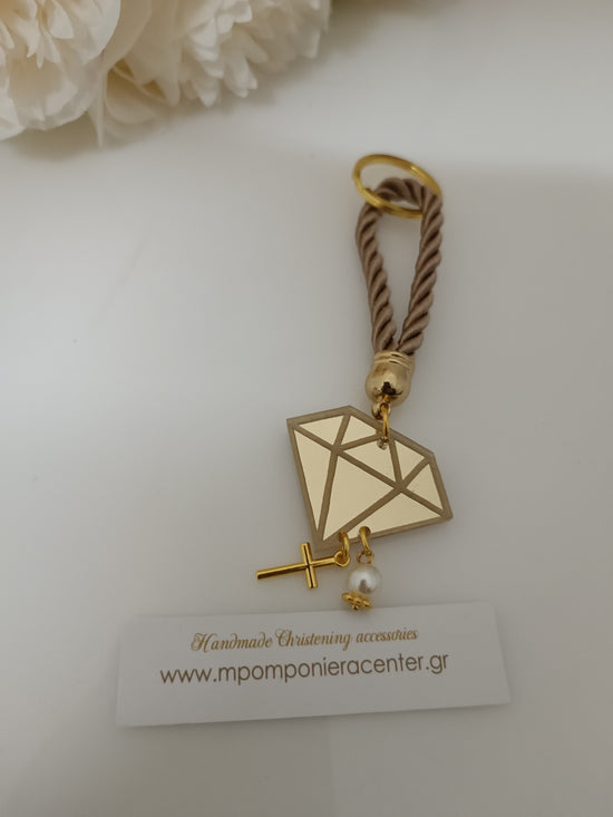 Μαρτυρικό διαμάντι plexiglass μπρελόκ χρυσή με κορδόνι μπέζ και ιδιαίτερο σταυρό σφαίρα