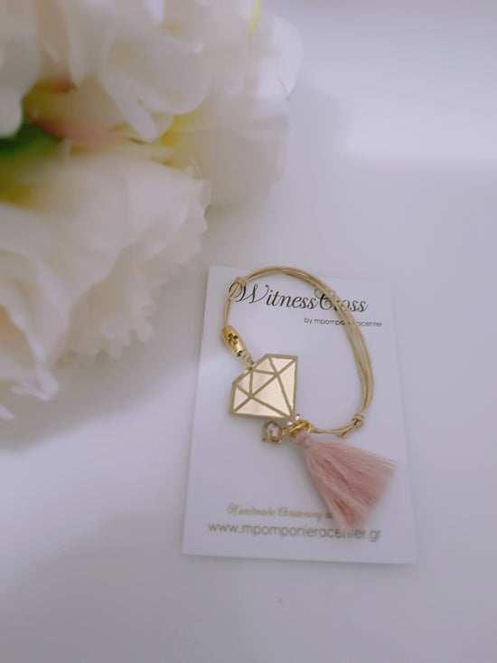 Μαρτυρικό διαμάντι plexiglass βραχιόλι χρυσό με κορδόνι μπέζ και σάπιο μήλο