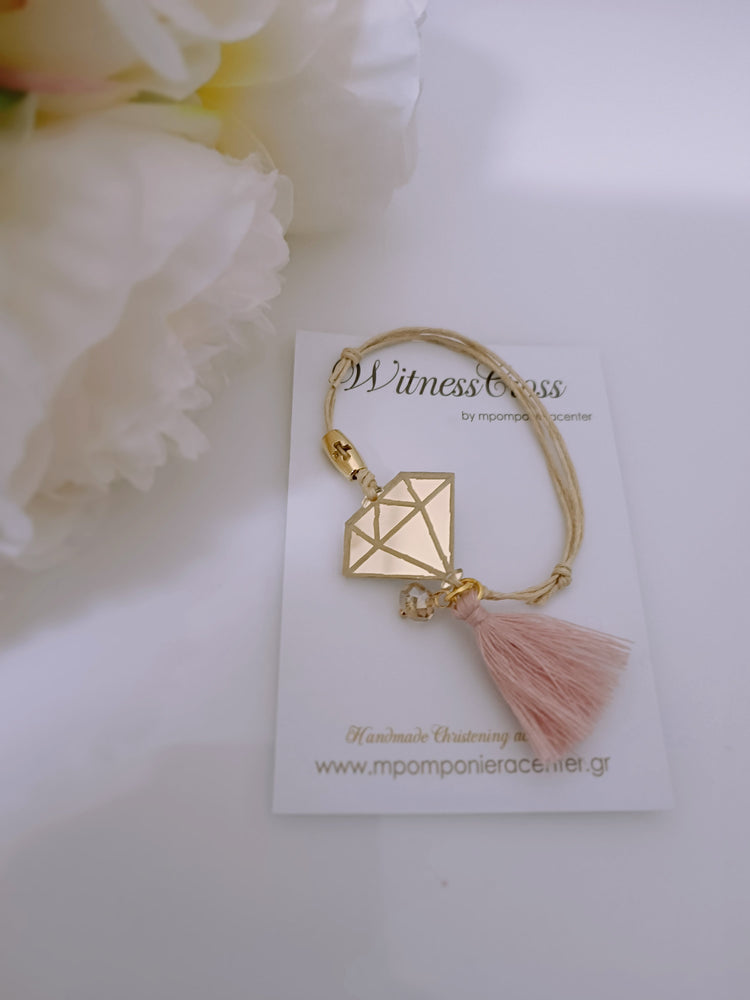 Μαρτυρικό διαμάντι plexiglass βραχιόλι χρυσό με κορδόνι μπέζ και σάπιο μήλο