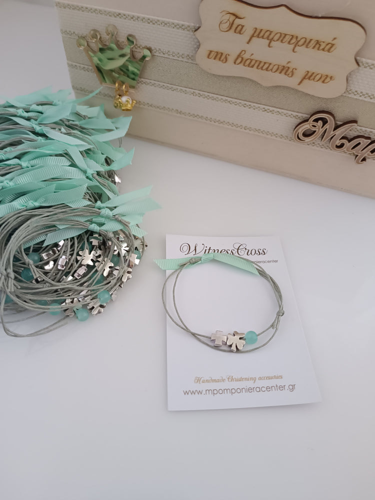 Μαρτυρικό βραχιόλι με τριφύλλι & μεταλλικό σταυρό σε αποχρώσεις του γκρί - βεραμάν