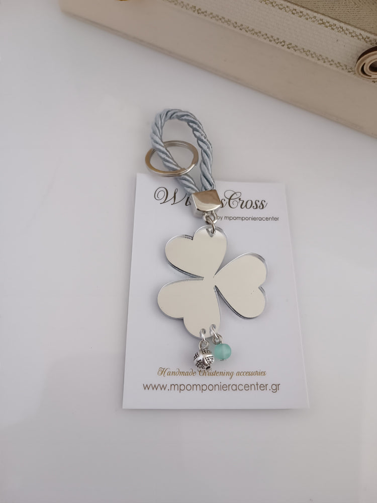 Μαρτυρικό Plexiglass - τριφύλλι με κορδόνι ασημί και ιδιαίτερο σταυρό κρεμαστό σφαίρα και χάντρα