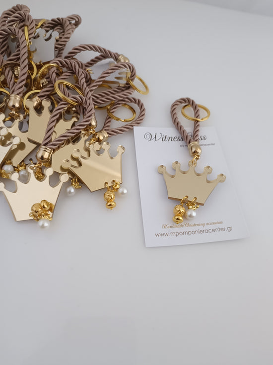 Μαρτυρικό κορώνα plexiglass μπρελόκ χρυσή με κορδόνι μπέζ και ιδιαίτερο σταυρό σφαίρα