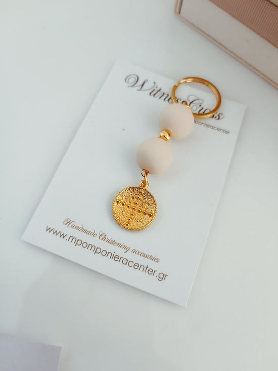 Μαρτυρικό μπρελόκ Κωνσταντινάτο με χαντρούλες εκρού - διπλής όψης