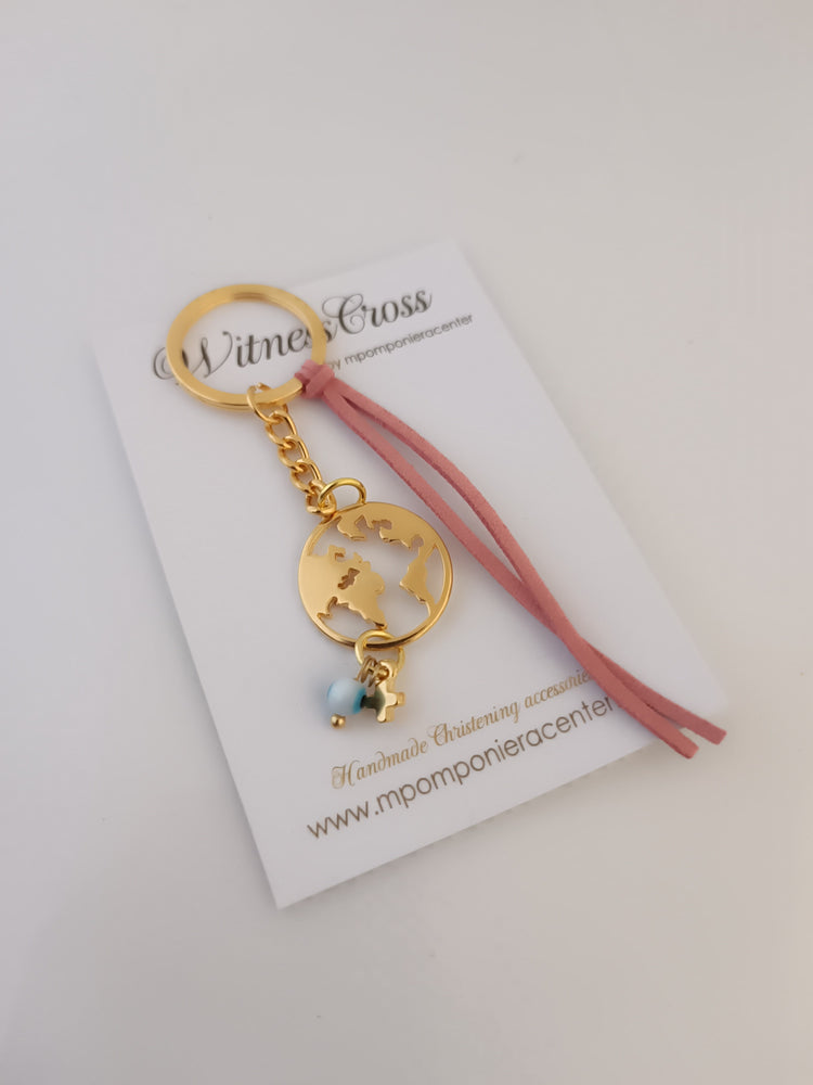 Μαρτυρικό μπρελόκ ταξίδι με τη γη ολόκληρη - ο γύρος του κόσμου σε χρυσό χρώμα & κορδόνι σουέτ σάπιο μήλο, μαρτυρικό ταξίδια