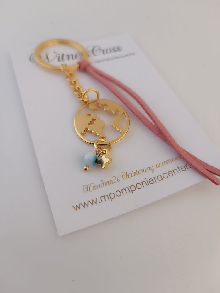 Μαρτυρικό μπρελόκ ταξίδι με τη γη ολόκληρη - ο γύρος του κόσμου σε χρυσό χρώμα & κορδόνι σουέτ σάπιο μήλο, μαρτυρικό ταξίδια