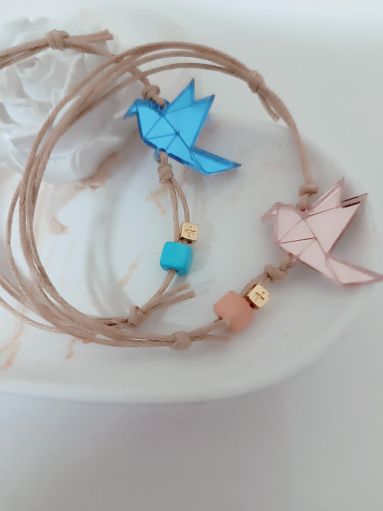 Μαρτυρικό Origami βραχιόλι πουλάκι σε μπλε και σάπιο μήλο -