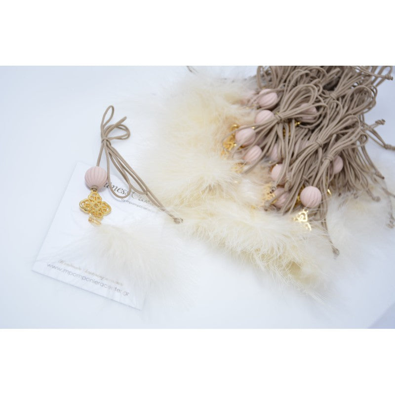 Μαρτυρικό κολιέ με ιδιαίτερο σταυρό , χάντρα σομών και πουπουλο εκρού - μπέζ