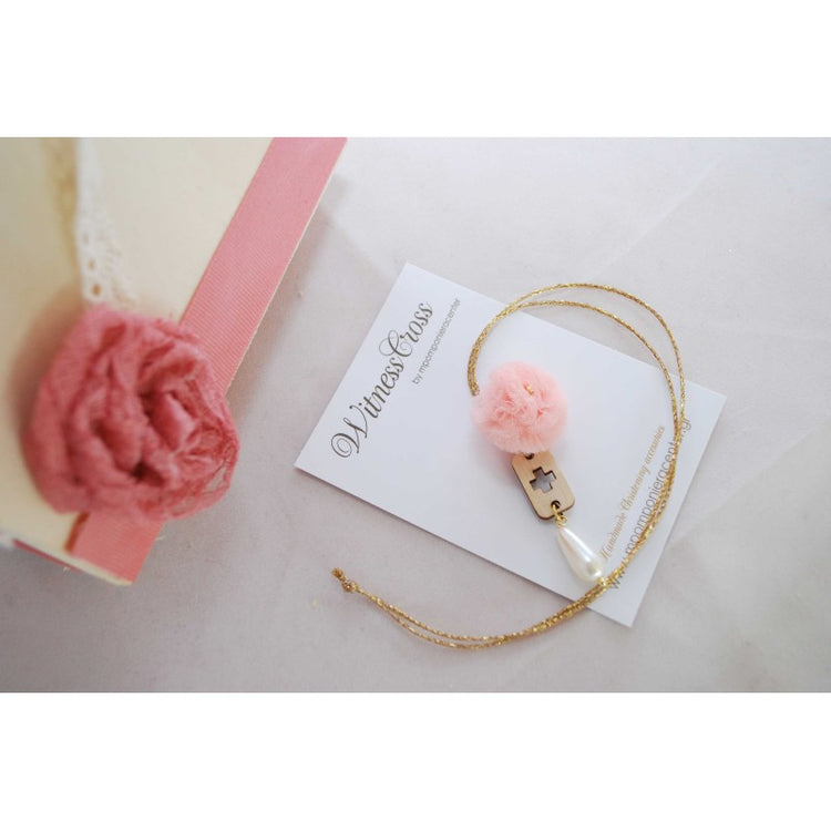 Μαρτυρικό κρεμαστό λαιμού με σταυρό κρεμαστό ξύλινο  , κρεμαστή σταγονίτσα & πον-πον τούλινο