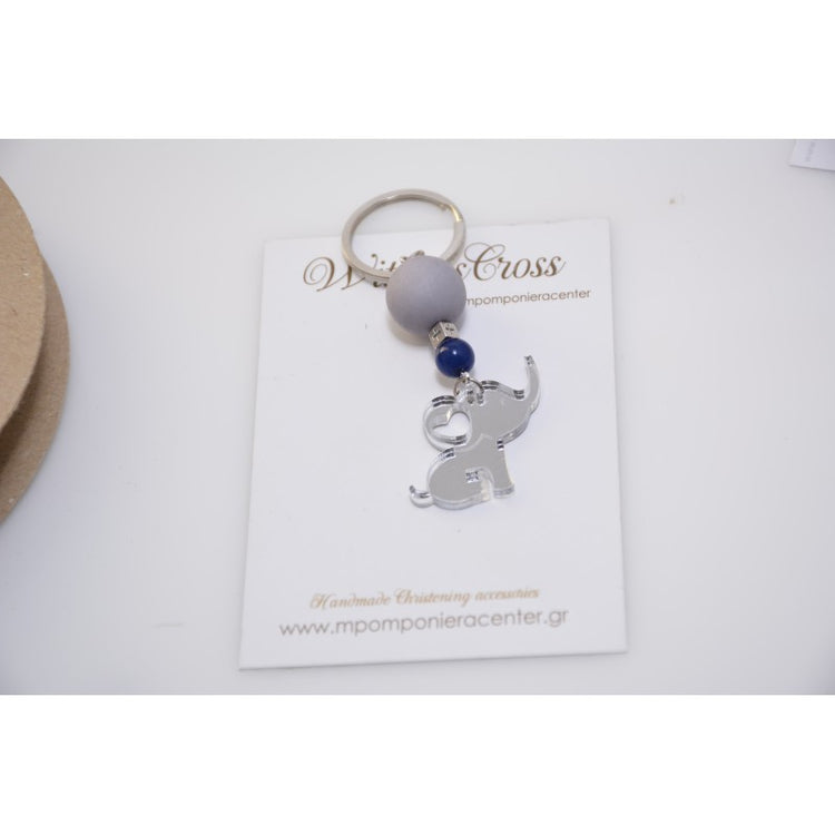 Μαρτυρικό μπρελόκ με ελεφαντάκι plexiglass και σταυρό χαντρούλα , αποχρώσεις ασημί μπλέ σκούρο