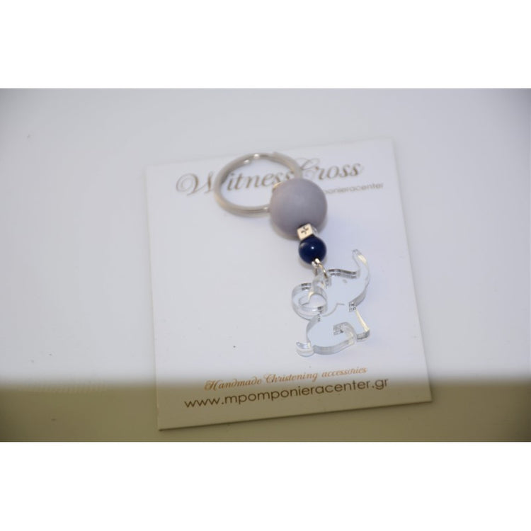 Μαρτυρικό μπρελόκ με ελεφαντάκι plexiglass και σταυρό χαντρούλα , αποχρώσεις ασημί μπλέ σκούρο