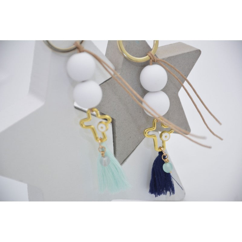 Μαρτυρικό μπρελόκ με ματάκι στο πλάι , ιδιαίτερο σταυρό & φούντα βεραμάν