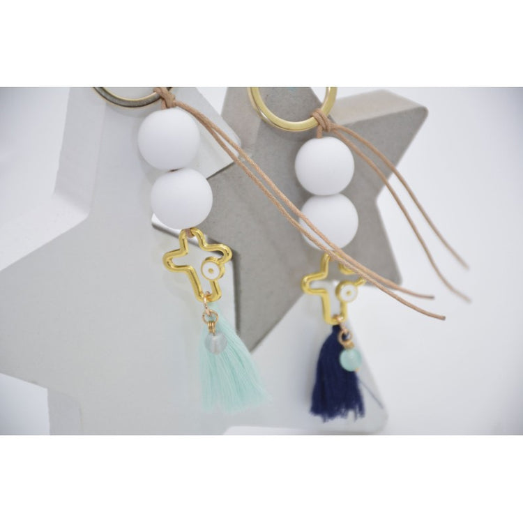 Μαρτυρικό μπρελόκ με ματάκι στο πλάι , ιδιαίτερο σταυρό & φούντα βεραμάν