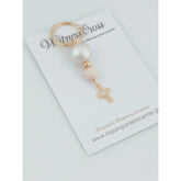 Μαρτυρικό μπρελόκ με ιδιαίτερες χάντρες περλέ και μπεζ - σταυρό χρυσό κρεμαστό