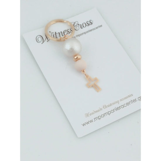 Μαρτυρικό μπρελόκ με ιδιαίτερες χάντρες περλέ και μπεζ - σταυρό χρυσό κρεμαστό