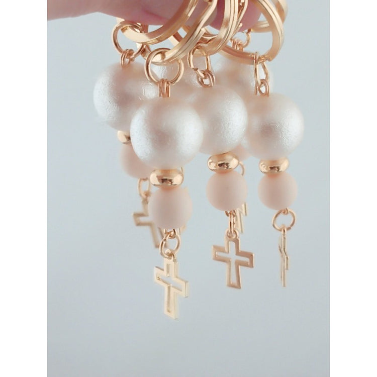Μαρτυρικό μπρελόκ με ιδιαίτερες χάντρες περλέ και μπεζ - σταυρό χρυσό κρεμαστό