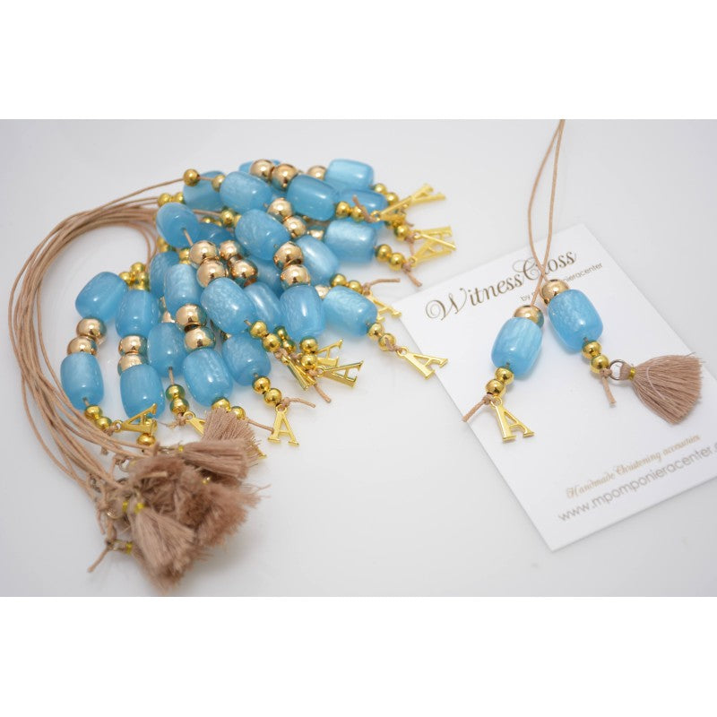 Μαρτυρικό μπεγλέρι Αγιο Κωνσταντινάτο με χαντρούλες σιέλ και φουντίτσα Μονόγραμμα παιδιού
