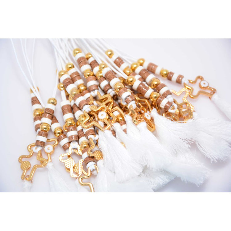 Μαρτυρικό μπεγλέρι σε αποχρώσεις λευκό-μπεζ με ιδιαίτερο σταυρό και φουντίτσα