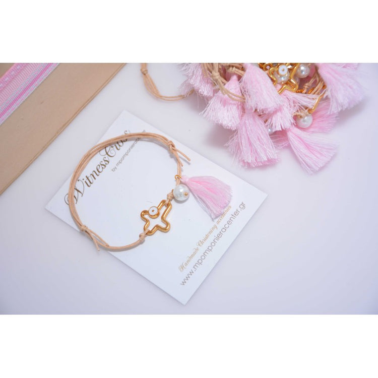 Μαρτυρικό με ιδιαίτερο μεταλλικό σταυρό ματάκι στο πλάι &amp; φούντα ροζ με κρεμαστή πέρλα