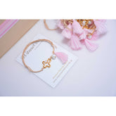 Μαρτυρικό με ιδιαίτερο μεταλλικό σταυρό ματάκι στο πλάι &amp; φούντα ροζ με κρεμαστή πέρλα