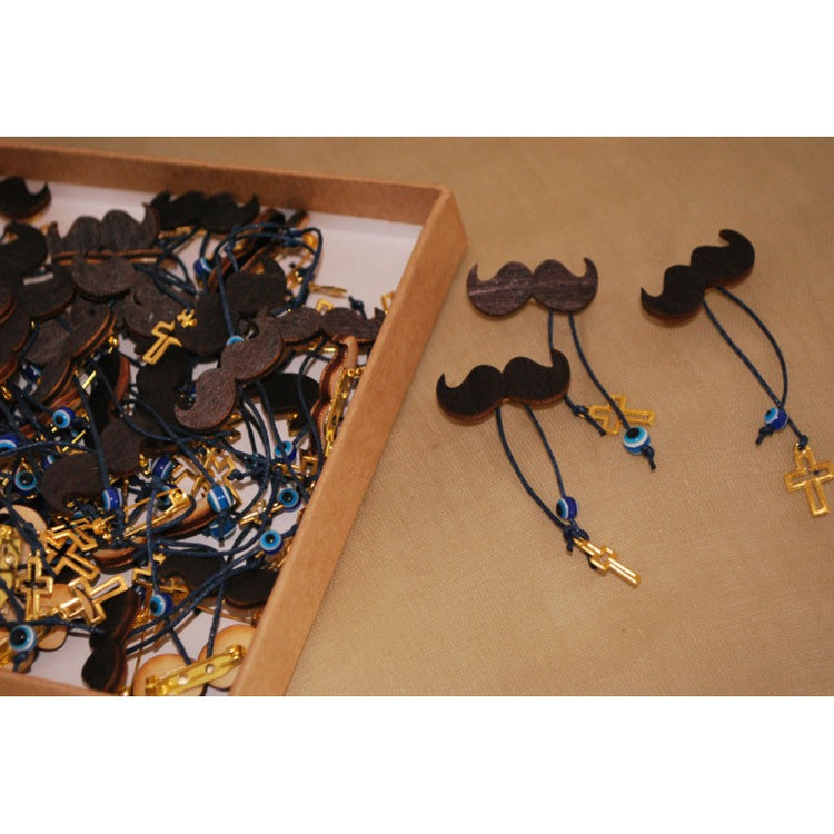 Μαρτυρικό μουστάκι ξύλινο με παραμάνα πίσω σταυρός μεταλλικός και κορδόνι με ματάκι.