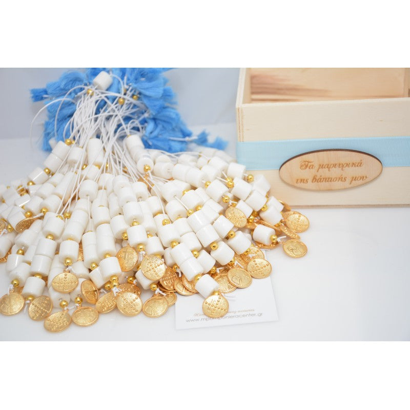 Μαρτυρικό μπεγλέρι ΑγιοΚωνσταντινάτο με χαντρούλες λευκό και φούντα γαλάζια