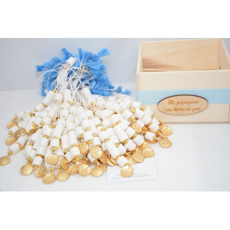 Μαρτυρικό μπεγλέρι ΑγιοΚωνσταντινάτο με χαντρούλες λευκό και φούντα γαλάζια