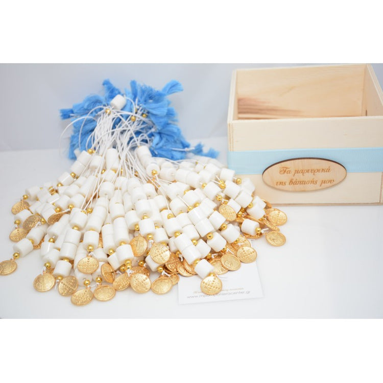 Μαρτυρικό μπεγλέρι ΑγιοΚωνσταντινάτο με χαντρούλες λευκό και φούντα γαλάζια