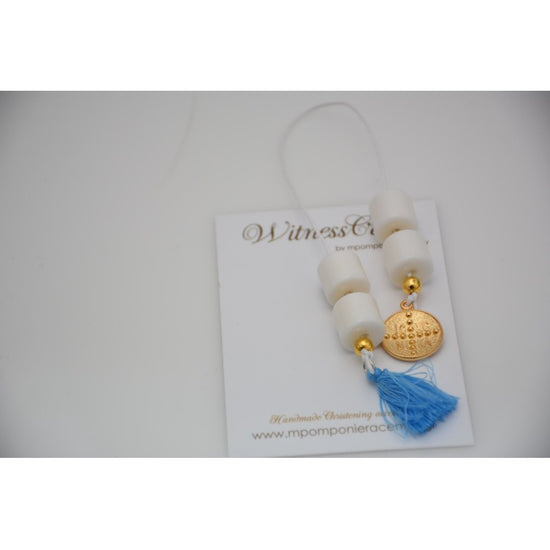 Μαρτυρικό μπεγλέρι ΑγιοΚωνσταντινάτο με χαντρούλες λευκό και φούντα γαλάζια