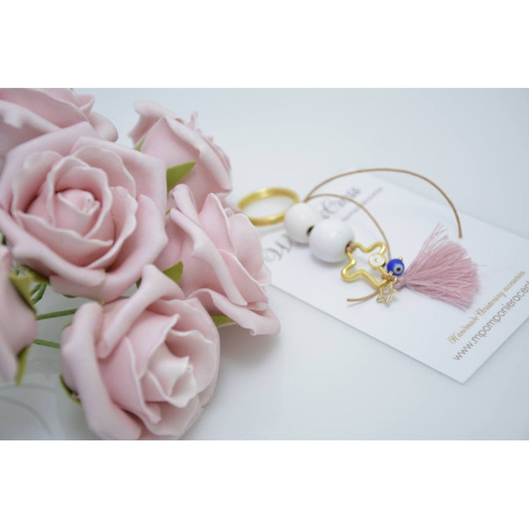 Μαρτυρικό μπρελόκ με αστεράκι και ματάκι στο πλάι , ιδιαίτερο σταυρό & φούντα σάπιο μήλο