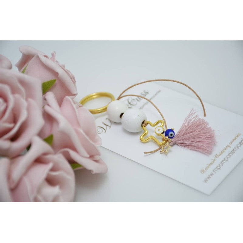 Μαρτυρικό μπρελόκ με αστεράκι και ματάκι στο πλάι , ιδιαίτερο σταυρό & φούντα σάπιο μήλο