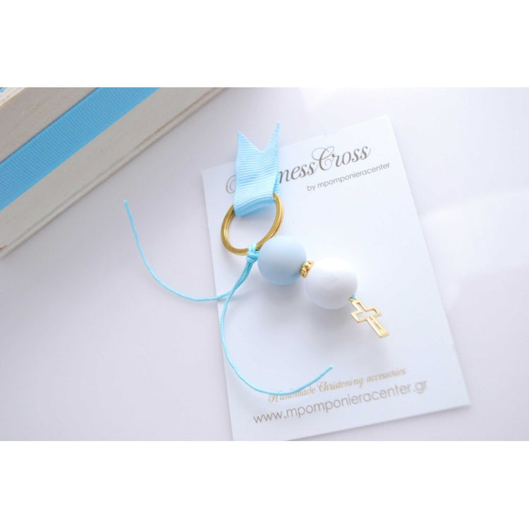 Μαρτυρικό μπρελόκ με λευκές -σιέλ χάντρες και σταυρό χρυσό