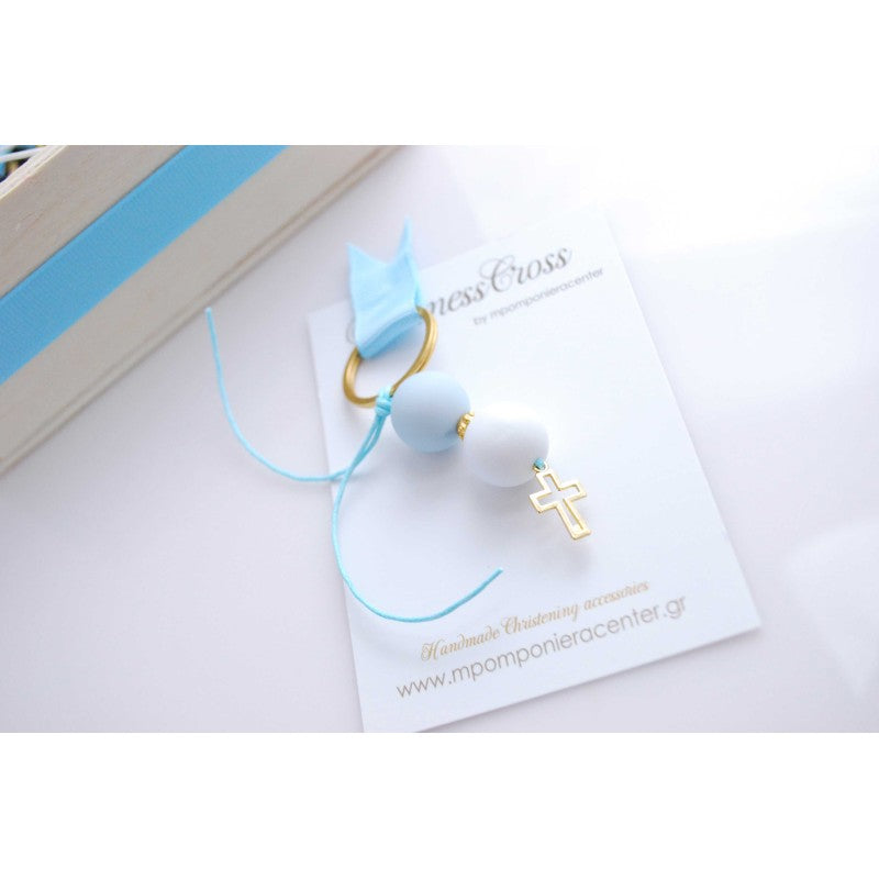 Μαρτυρικό μπρελόκ με λευκές -σιέλ χάντρες και σταυρό χρυσό