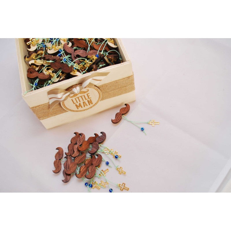 Μαρτυρικό μουστάκι ξύλινο με παραμάνα πίσω σταυρός μεταλλικός και κορδόνι με ματάκι.