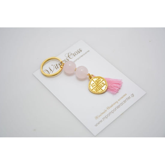 Μαρτυρικό μπρελόκ Κωνσταντινάτο με χαντρούλες απαλό ροζ & φούντα