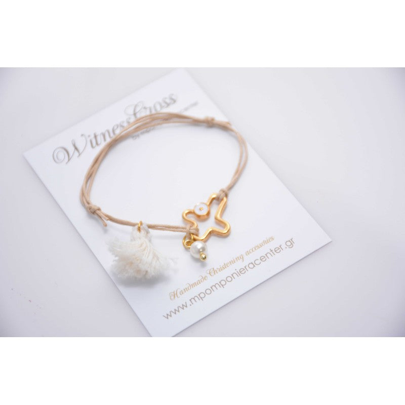 Μαρτυρικό με ιδιαίτερο μεταλλικό σταυρό ματάκι στο πλάι &amp; φούντα με κρεμαστή πέρλα