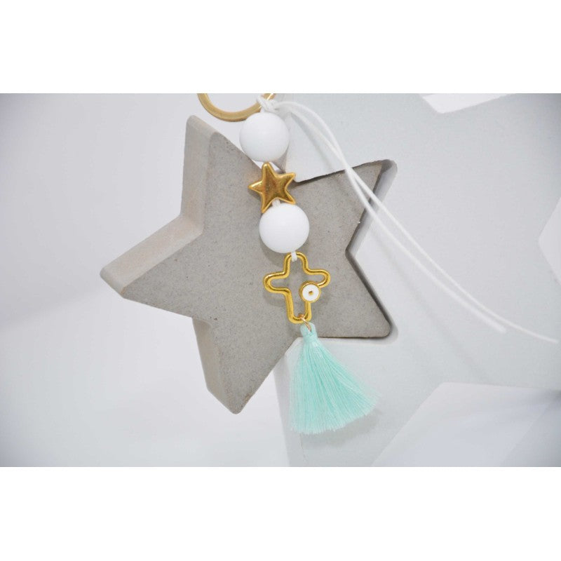 Μαρτυρικό μπρελόκ με αστέρι & ιδιαίτερο σταυρό μάτι με λευκές χάντρες & βεραμάν φούντα