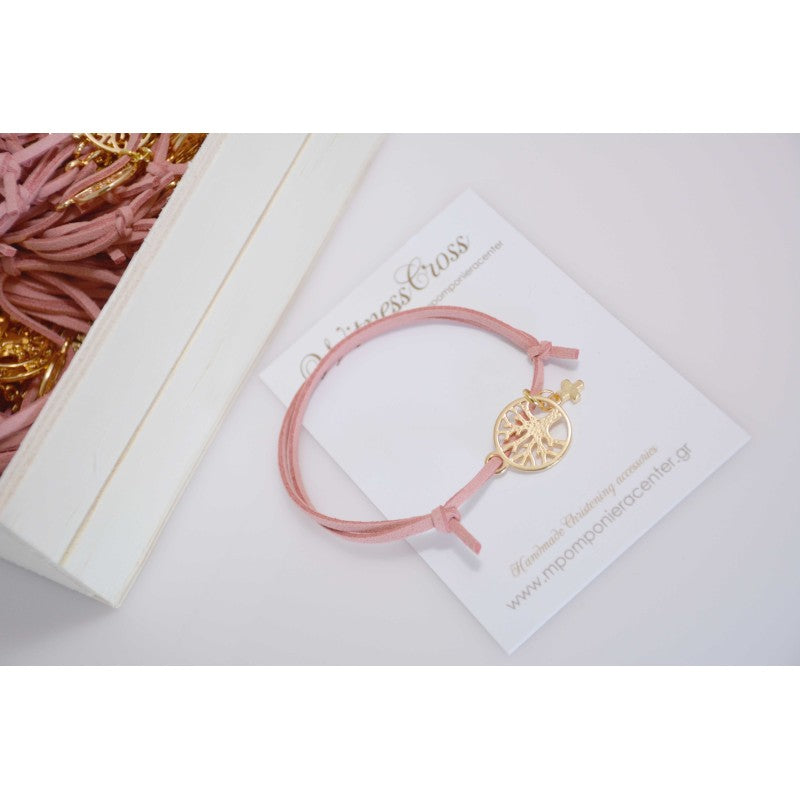 Μαρτυρικό με δέντρο ζωής μεταλλικό και σταυρό με σουέντ κορδόνι ροζ
