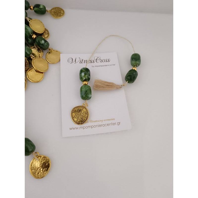 Μαρτυρικό μπεγλέρι ΑγιοΚωνσταντινάτο με χάντρες σε πράσινο ζούγκλας