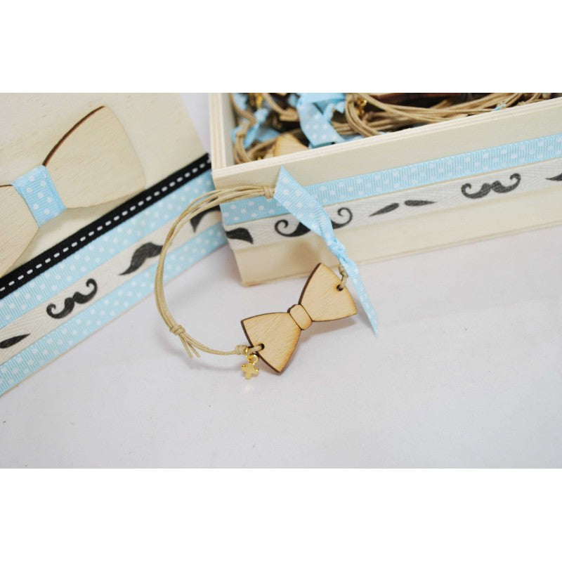 Μαρτυρικό παπιγιόν βραχιόλι ξύλινο , καφέ κορδόνι και διακοσμητική γαλάζια κορδέλα