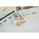 Μαρτυρικό παπιγιόν βραχιόλι ξύλινο , καφέ κορδόνι και διακοσμητική γαλάζια κορδέλα