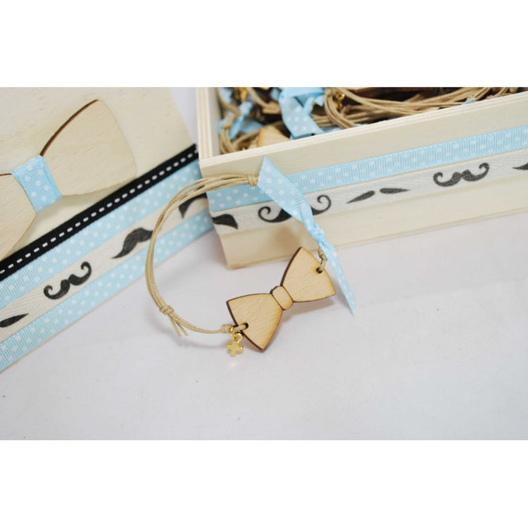 Μαρτυρικό παπιγιόν βραχιόλι ξύλινο , καφέ κορδόνι και διακοσμητική γαλάζια κορδέλα