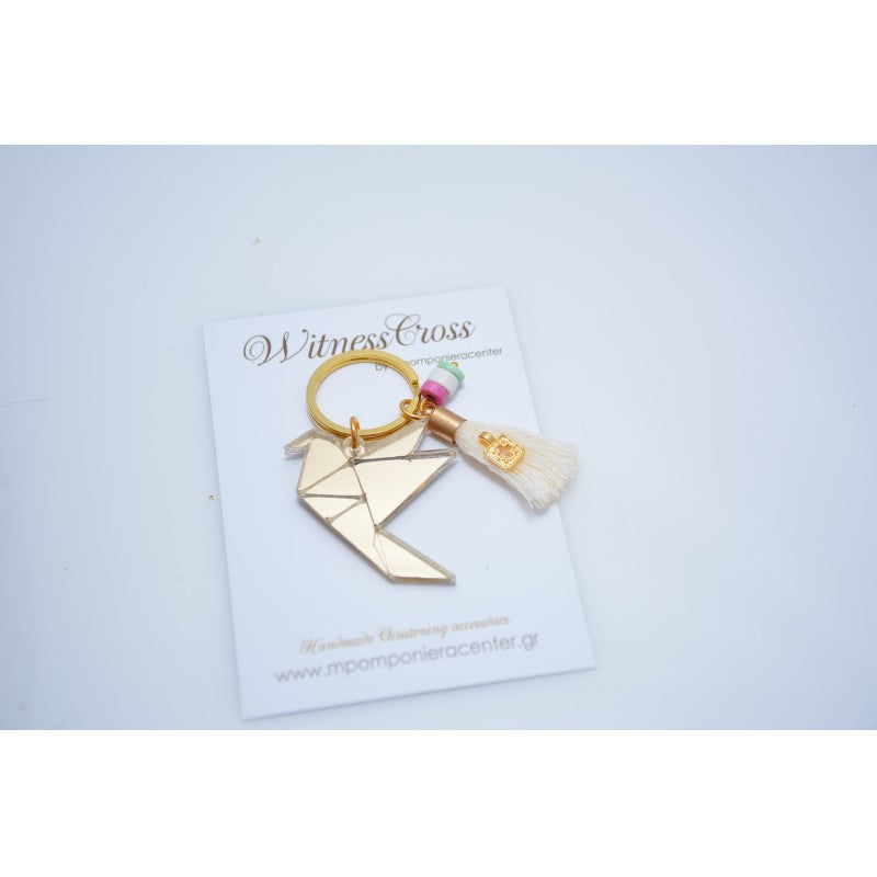 Μαρτυρικό περιστέρι origami Plexiglass σε χρυσό με φούντα, σταυρό και χάντρες κεραμικές