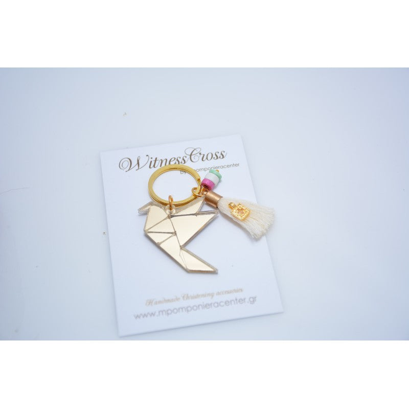 Μαρτυρικό περιστέρι origami Plexiglass σε χρυσό με φούντα, σταυρό και χάντρες κεραμικές