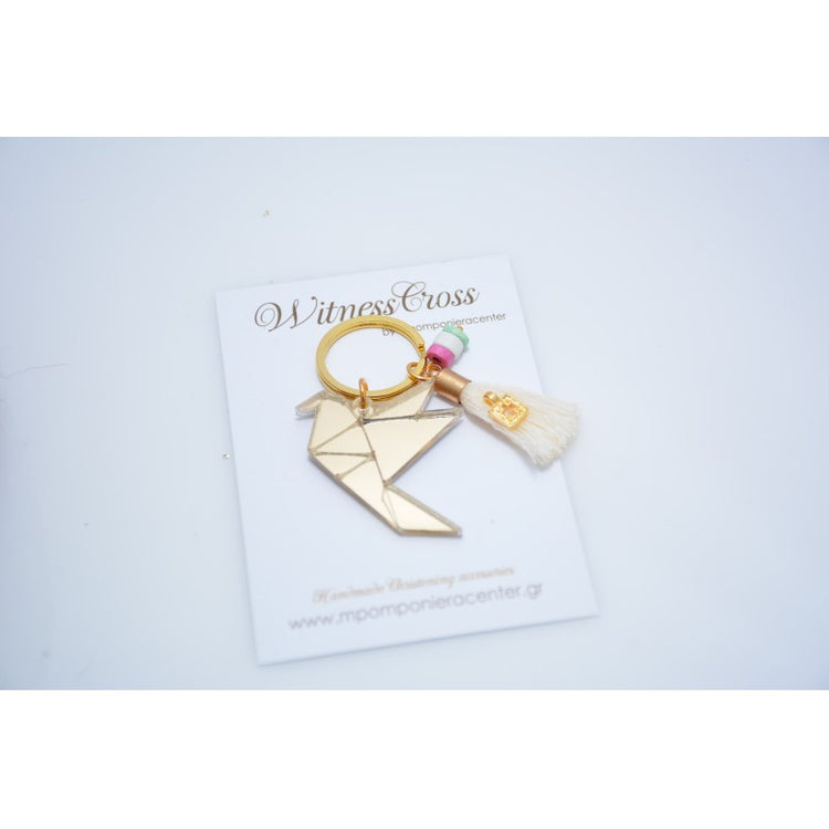 Μαρτυρικό περιστέρι origami Plexiglass σε χρυσό με φούντα, σταυρό και χάντρες κεραμικές