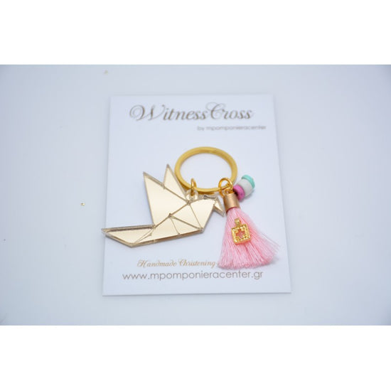 Μαρτυρικό περιστέρι origami Plexiglass σε χρυσό με φούντα, σταυρό και χάντρες κεραμικές